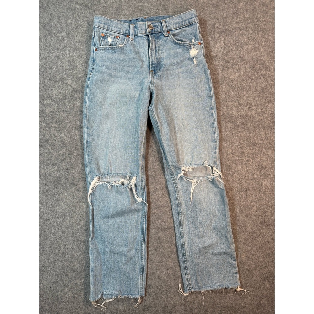 Gap Sky High Straight Distressed Jeans Light Wash Ripped Knee Raw Hem 27 4P
